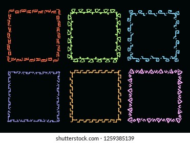 Chalk or crayon hand drawing square frame on chalkboard. Set of bright rectangular ornate design pencil like kid`s drawn. Vector art stroke line banner border, copy space on black board background