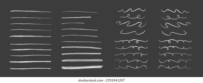 Chalk or crayon hand drawn flourish line set. Vector stock illustration isolated on black background for design template post, invitation, wedding, valentine day or Birthday decoration. 