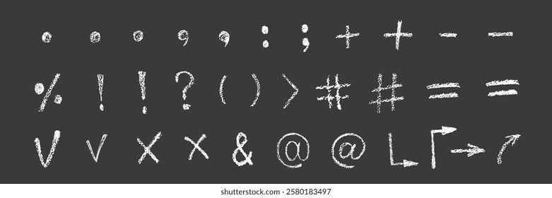 Chalk, crayon hand drawn grunge texture punctuation check marks, pointer, arrow, speech bubble, underline, question mark, hash tag, exclamation point, bracket, dot for to do list and note, diagram. 