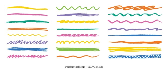 Chalk crayon lines, charcoal underlines highlight strokes doodle set. strips, brush line sketch style. Vector illustration