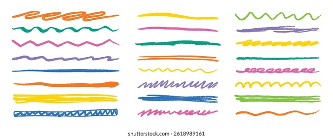 Chalk crayon lines, charcoal underlines highlight strokes doodle set. strips, brush line sketch style. Vector illustration