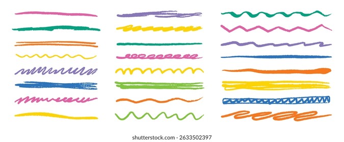 Chalk crayon lines, charcoal underlines highlight strokes doodle set. strips, brush line sketch style. Vector illustration