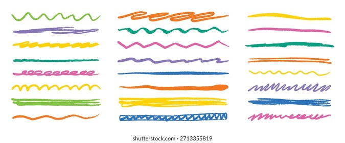 Líneas de crayón de tiza, subrayados de carbón resaltan los trazos. doodle set. tiras, estilo de boceto de línea de pincel. Ilustración vectorial