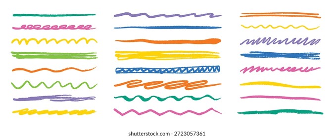 Chalk crayon lines, charcoal underlines highlight strokes doodle set. strips, brush line sketch style. Vector illustration