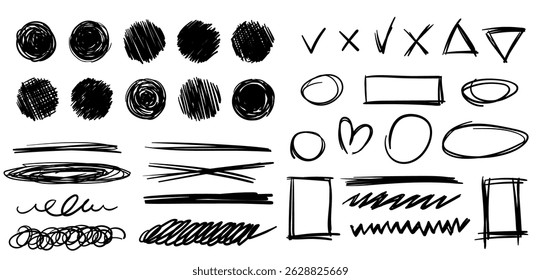 Chalk and crayon scribbles, pencil brush strokes, marker checks, swirls, and playful doodles. Hand drawn arrows, lines, and sketch marks. Creative doodle elements. Vector collection
