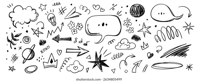 Chalk and crayon scribbles, pencil brush strokes, marker checks, swirls, and playful doodles. Hand drawn arrows, lines, and sketch marks. Creative doodle elements. Vector collection
