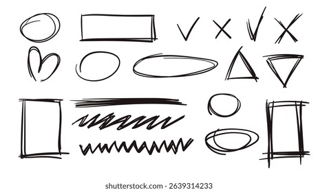 Chalk and crayon scribbles, pencil brush strokes, marker checks, swirls, and playful doodles. Hand drawn arrows, lines, and sketch marks. Creative doodle elements. Vector collection