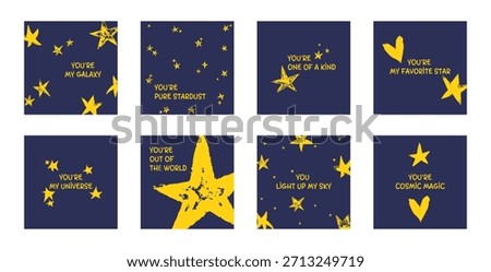 Chalk crayon star illustrations with twinkle effects and warm light accents. Cute hand drawn cosmic cards with inspirational quotes, perfect for Valentine designs, kids prints, greeting cards, posters