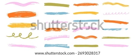 Chalk and crayon underline collection. Scribble, swirl, and straight highlight strokes. Vector hand drawn set