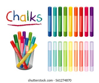 Chalk crayons in 18 rainbow colors, including pastels for home, office, back to school, art and craft projects, scrapbooks in desk organizer, isolated on white background. EPS8 compatible.
