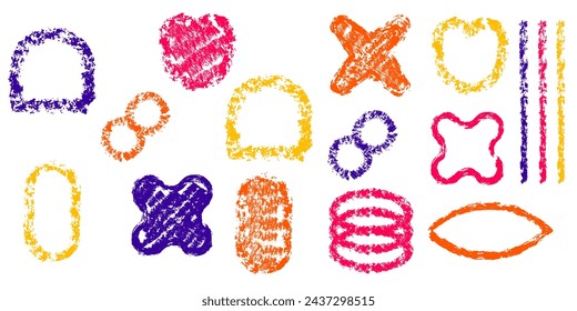 Tiza, lápices de colores, pincel, trazo dibujado a mano colección de marcadores. Dibujo abstracto de forma de lápices de colores. Ilustración de vector