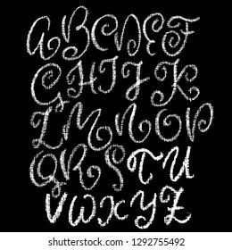 Chalk curly font. Grunge script on chalkboard. Vector calligraphy illustration.
