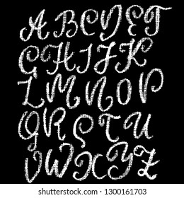Chalk curly font. Grunge script on chalkboard. Vector calligraphy illustration.