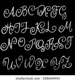 Chalk curly font. Grunge script on chalkboard. Vector calligraphy illustration.