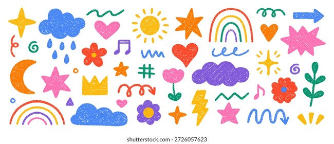 Elementos lindos de los niños de la tiza, iconos del doodle del jardín de infantes preescolar del lápiz del crayón fijados. Dibujado a mano de la guardería y dibujos de los niños, garabato infantil, arco iris, estrellas, flor, corona en estilo de boceto