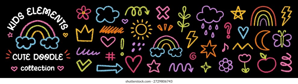 Chalk cute kids elements, crayon daycare and children drawings. Hand drawn pencil preschool kindergarten doodle icons set. Childish scribble rainbow, stars, flower, crown in sketch style