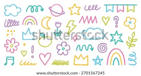 Chalk cute kids elements, crayon pencil preschool kindergarten doodle icons set. Hand drawn childish scribble rainbow, stars, flower, crown in sketch style.