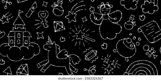 Chalk cute seamless pattern with fairy, magic wand, unicorn, rainbow and castle on school blackboard. Childish hand drawn pattern with white doodle magic elements, vector illustration