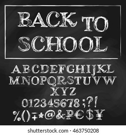 Chalk cyrillic vector alphabet. English title is Back to School. White capital letters, numbers, special symbols and money signs. Textured blackboard on background.