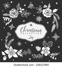 Chalk decorative greeting bouquets. Christmas collection. Hand drawn illustration. Design elements.