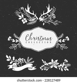 Chalk decorative greeting bouquets. Christmas collection. Hand drawn illustration. Design elements.