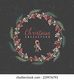 Chalk decorative greeting wreath with candy. Christmas collection. Hand drawn illustration. Design elements.