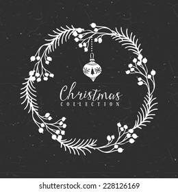 Chalk decorative greeting wreath with Christmas tree toy. Christmas collection. Hand drawn illustration. Design elements.