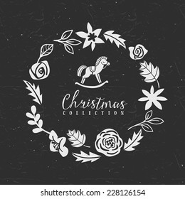 Chalk decorative greeting wreath with hobbyhorse. Christmas collection. Hand drawn illustration. Design elements.