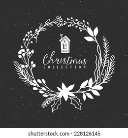 Chalk decorative greeting wreath with house. Christmas collection. Hand drawn illustration. Design elements.