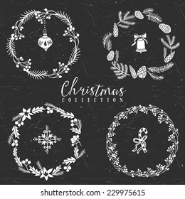 Chalk decorative greeting wreaths. Christmas collection. Hand drawn illustration. Design elements. Vol.2