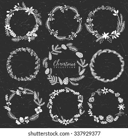 Chalk decorative greeting wreaths. Christmas collection. Hand drawn illustration. Design elements.