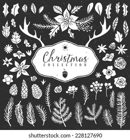 Chalk decorative plant items. Christmas collection. Hand drawn illustration. Design elements.