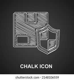 Chalk Delivery security with shield icon isolated on black background. Delivery insurance. Insured cardboard boxes beyond the shield.  Vector