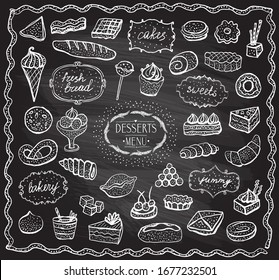 Chalk Desserts And Baked Goods Graphic Set, Doodle Style Hand Drawn Illustration On A Chalkboard