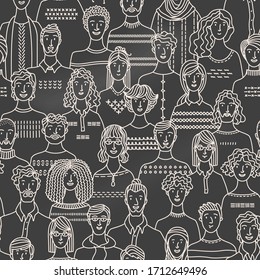 Chalk diverse crowd of people on blackboard background. Society and population. Social community seamless pattern in linear style. Hand-drawn fabric, textile, wrapping paper, wallpaper vector design