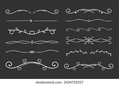 Kreideteiler dünne Linie klassische geometrische Deko-Rand-Trenner-Sammlung isoliert auf dunklem Kreidetafel-Hintergrund. Blumendekor, verschönern.