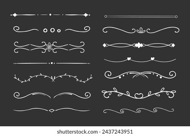 Separador de tiza línea delgada clásico geométrico deco colección de separadores de bordes aislados en fondo de pizarra oscura. Adorno floral, embellecer.