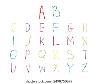Chalk doodle alphabet for School back. Set of hand drawn elements for booklet design. Vector hand drawn chalk textures of colorful letters. Rough vector chalk illustration