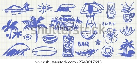 Chalk doodle beach and surf vector illustration set. Tropical Hawaii naive coastal element. Palm trees, waves, surfboards, woman surfer, sun for summer designs, t-shirts, posters, and placard prints.