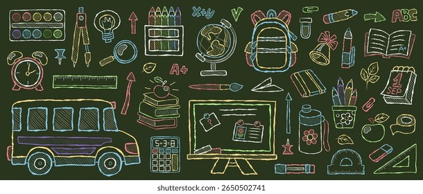Chalk doodle hand drawn back to school set with colorful doodle icons: school bus, books, backpack, globe, calculator, stationery, chalkboard, apple, bell, alarm clock, calendar, and learning tools.