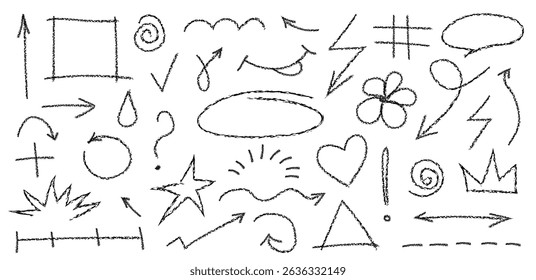 Chalk doodle hand drawn elements. Vector textured crayon textured outline sketch shapes, arrows, frames, heart
