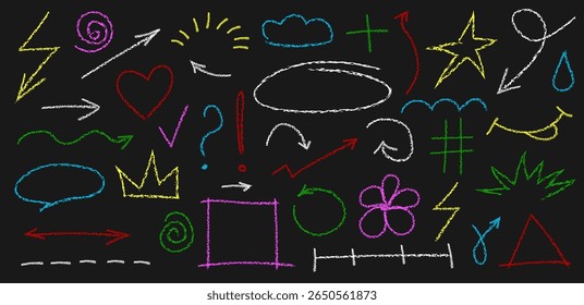 Chalk doodle hand drawn elements. Vector textured colored crayon textured outline sketch shapes, arrows, frames, heart