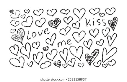 Chalk doodle hearts with lettering. Crayon hand drawn pencil heart set. Love me, kiss. Charcoal symbol of love. Vector design elements for Valentine Day isolated on white background