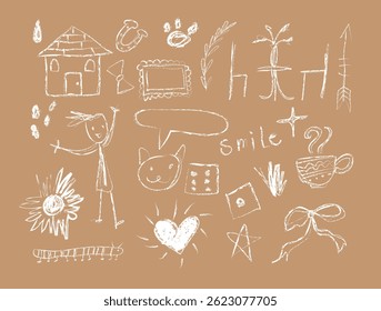 Chalk Doodle kid drawing. Messy scribble book illustration. Borderline art