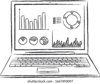 chalk doodle of laptop with data presentation on screen - front view. Hand drawn doodle vector illustration.