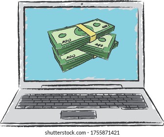 chalk doodle of laptop with money on screen. Vector illustration on transparent background.
