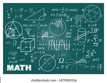 Chalk doodle math blackboard. Chalkboard, formulas, shapes, geometry. Education concept. Vector illustrations can be used for back to school topic, algebra, science