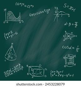 Tiza doodle pizarra matemática. La Plantilla de diseño de redondeo incluye de figuras matemáticas, triángulo, funciones, fórmula, cálculo, ecuación. Letreros de geometría con tiza blanca escritos a mano en pizarra escolar