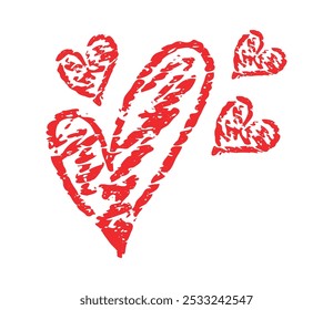 Chalk doodle red hearts. Crayon hand drawn pencil heart set. Charcoal symbol of love. Vector design elements for Valentine Day isolated on white background