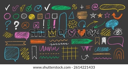 Chalk Doodle Set with Hand-Drawn Marks, Check Signs and Crayon Lines on Blackboard. Suitable for Notes, Checklists and Visual Highlights in a Rough Sketch Style.